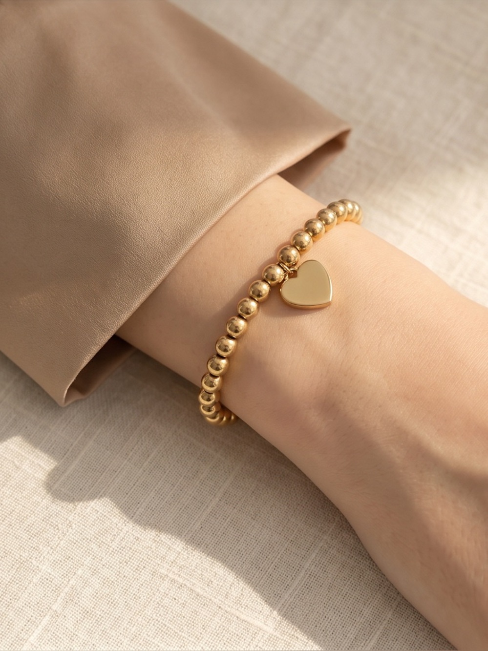 Gold stainless steel Beaded Heart Charm Bracelet - Women's Jewelry